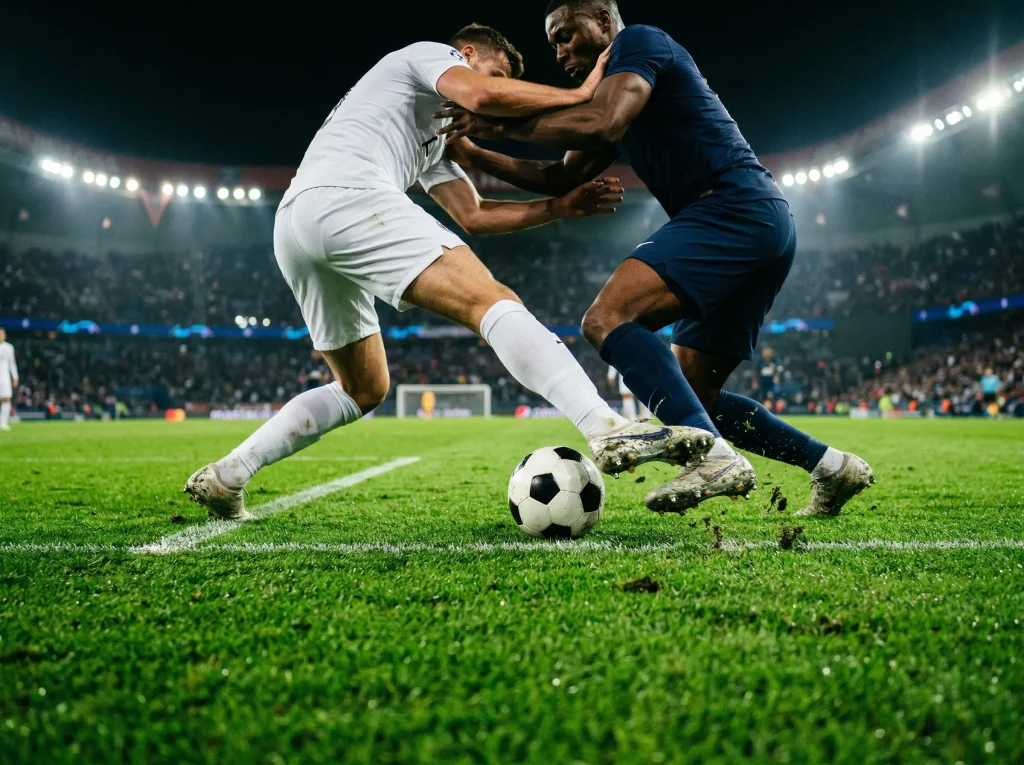 Dois jogadores de equipas opostas a disputar a bola junto à grande área