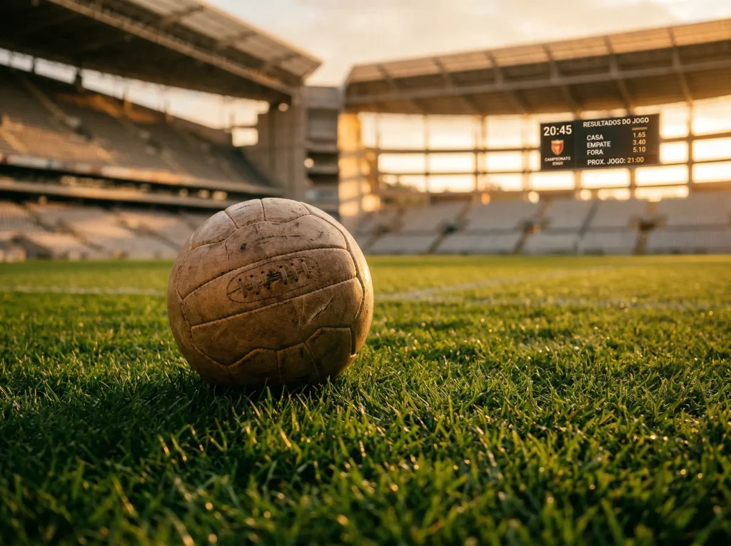 Bola de futebol sobre relvado com quadro de odds ao fundo num estádio vazio