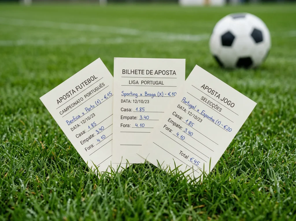 Bilhete de apostas com várias selecções ao lado de uma bola de futebol sobre relva