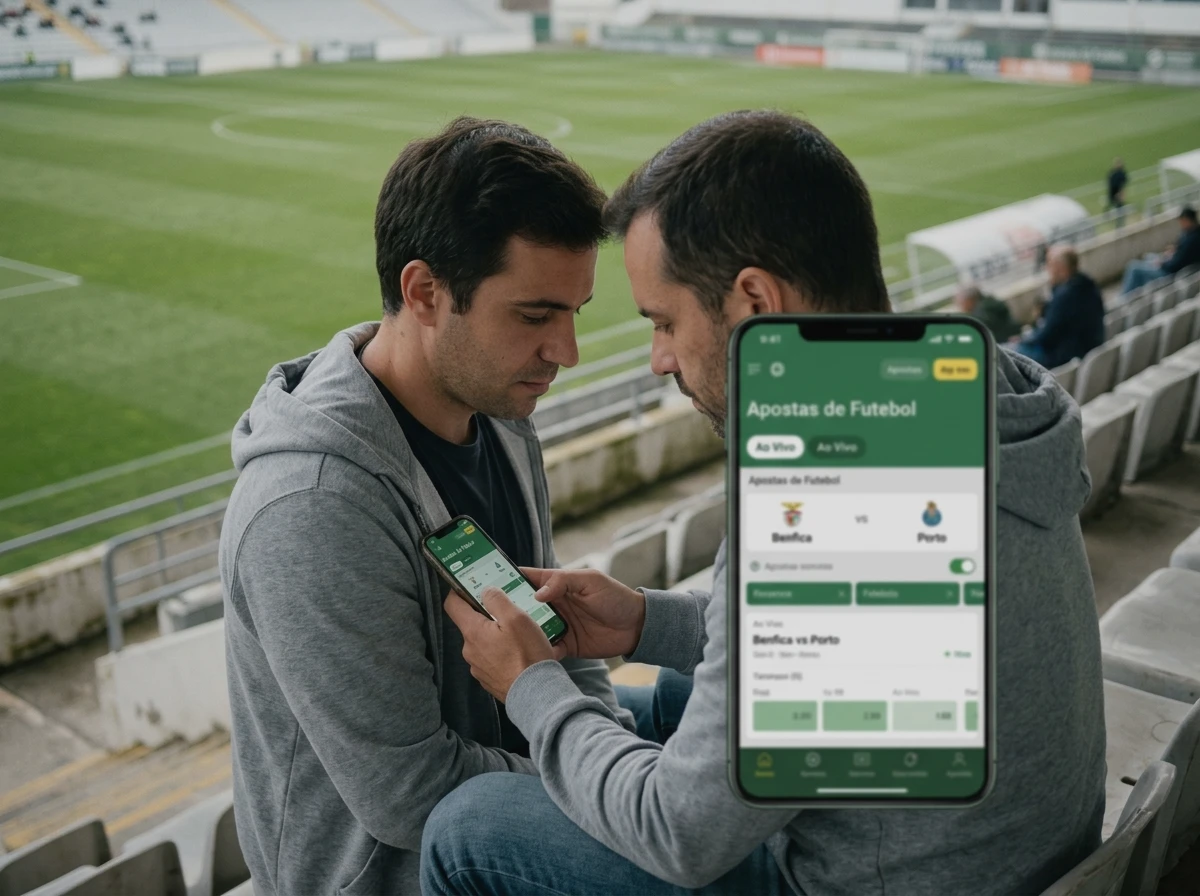 Apostador de futebol a consultar odds no smartphone durante uma partida no estádio