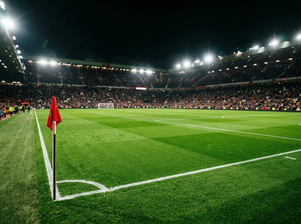 Campo de futebol iluminado para um jogo nocturno europeu com bancadas lotadas