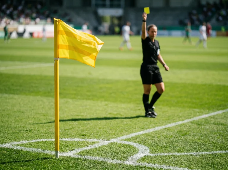 Bandeirola de canto num campo de futebol com árbitro a mostrar cartão ao fundo