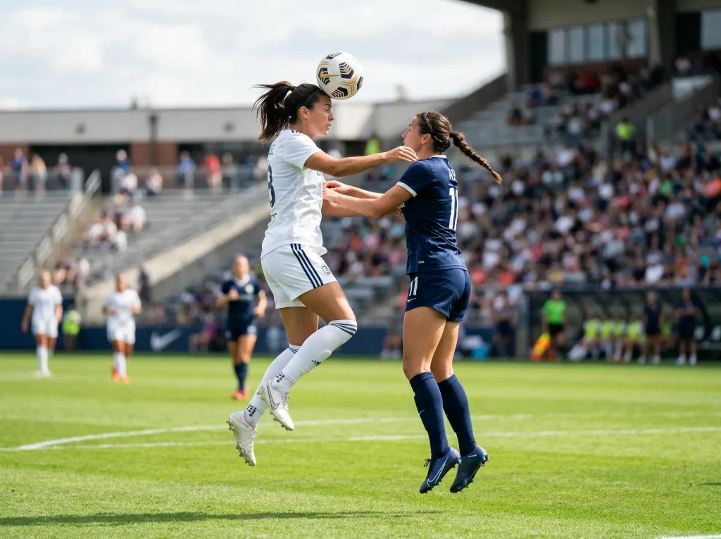 Jogadoras de futebol feminino em acção durante uma partida num estádio com público