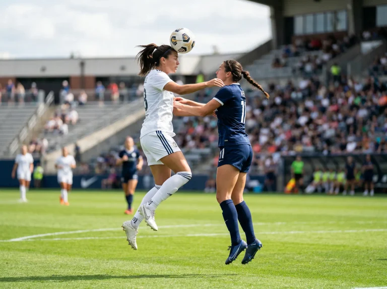 Jogadoras de futebol feminino em acção durante uma partida num estádio com público