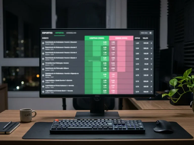 Ecrã de computador com interface de bolsa de apostas e gráfico de odds