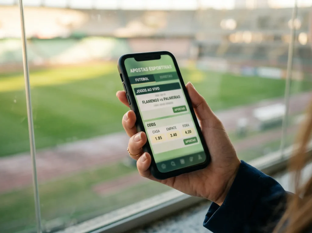 Mão a tocar num ecrã de telemóvel com botão de cash out durante um jogo de futebol