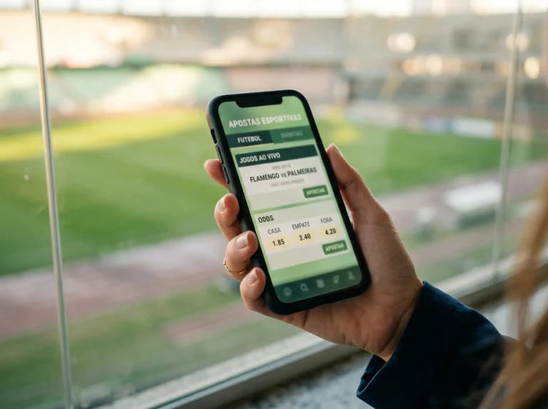 Mão a tocar num ecrã de telemóvel com botão de cash out durante um jogo de futebol
