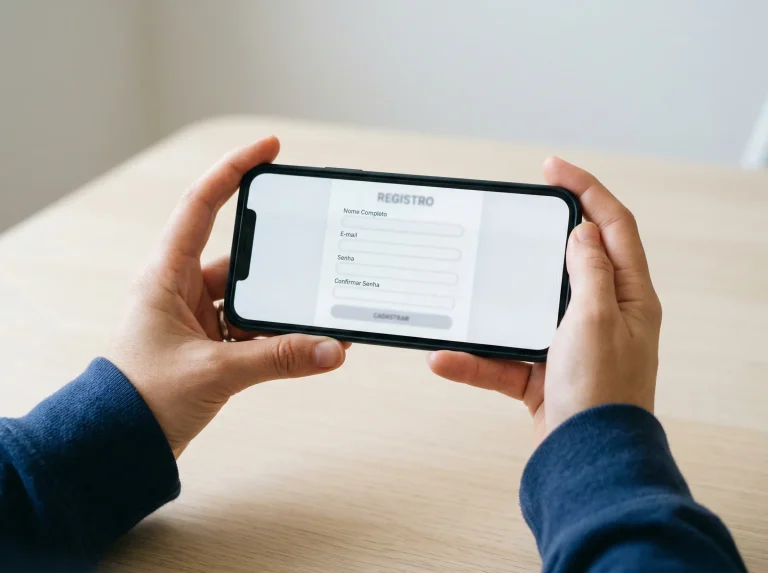 Mãos a segurar um telemóvel com ecrã de registo numa plataforma de apostas