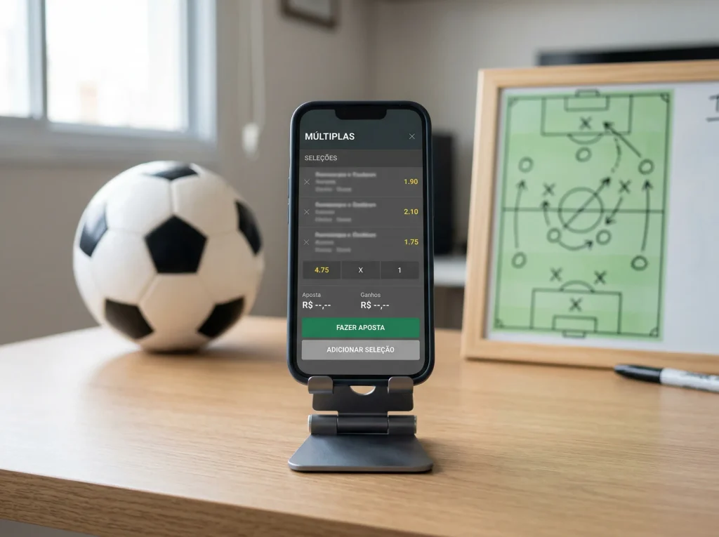 Ecrã de telemóvel com interface de construção de aposta personalizada e campo de futebol ao fundo