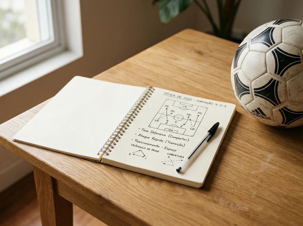 Caderno aberto com anotações junto a uma bola de futebol sobre secretária de madeira