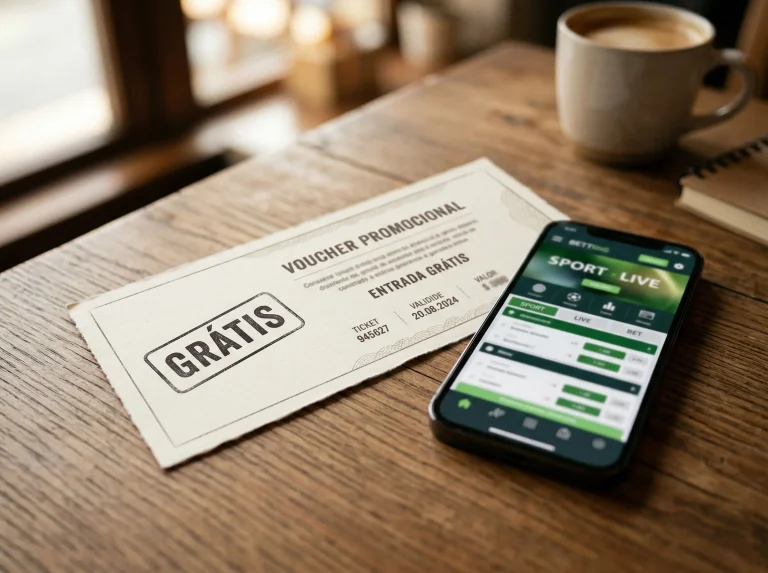 Bilhete de aposta gratuita ao lado de um telemóvel com promoção de plataforma de apostas