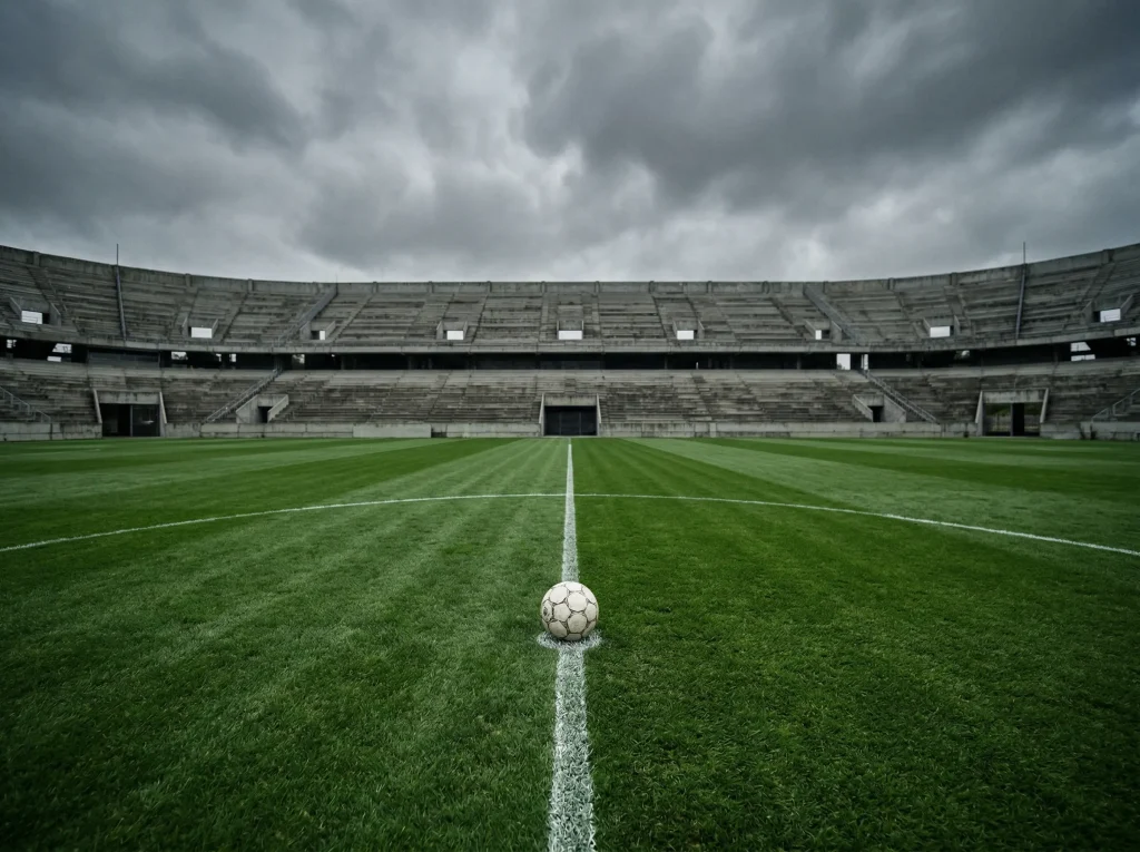 Bola de futebol parada no centro de um campo vazio com bancadas desertas ao fundo