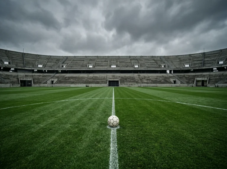 Bola de futebol parada no centro de um campo vazio com bancadas desertas ao fundo