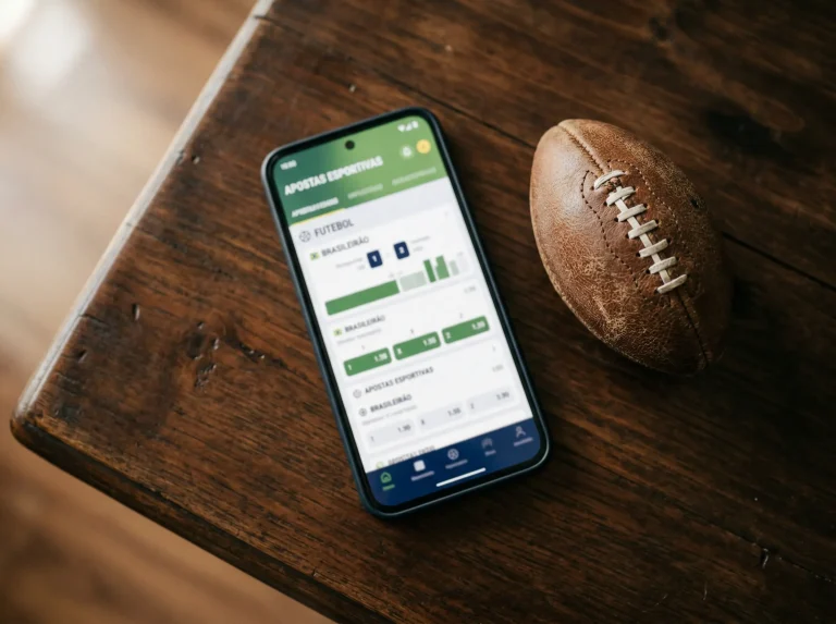Telemóvel com interface de plataforma de apostas sobre uma secretária ao lado de bola de futebol