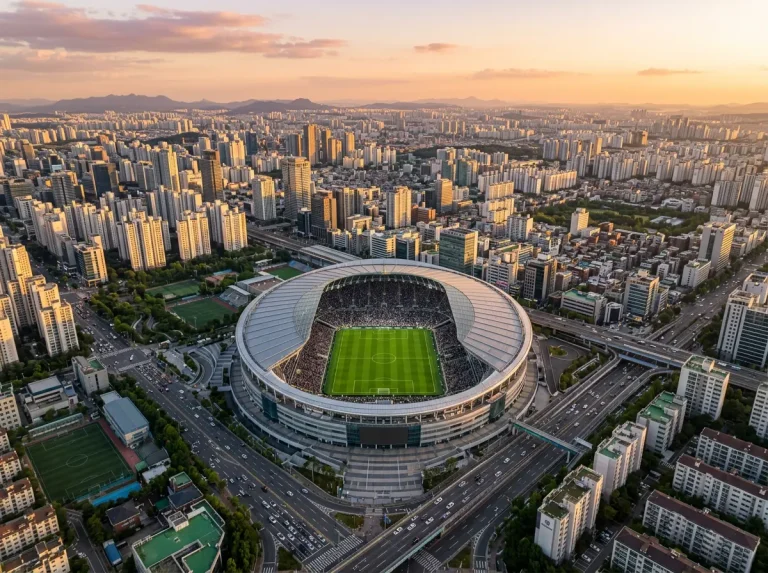 Vista aérea de um estádio de futebol brasileiro com a cidade ao fundo