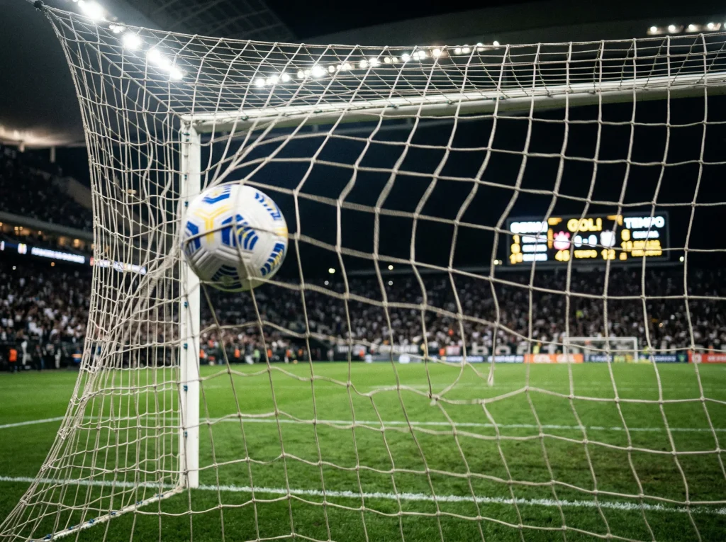 Bola de futebol a entrar na baliza durante um jogo com placar electrónico ao fundo