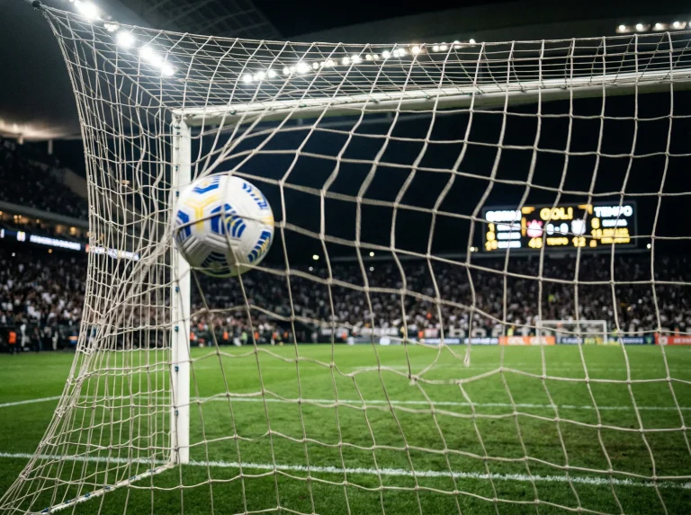 Bola de futebol a entrar na baliza durante um jogo com placar electrónico ao fundo