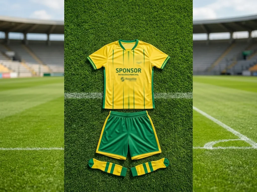 Camisola de futebol com logótipo de patrocinador exposta num relvado de estádio