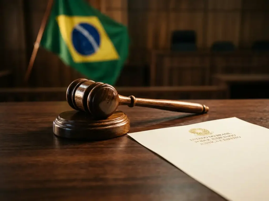 Regulamentação das apostas esportivas no Brasil — martelo de juiz sobre bandeira brasileira