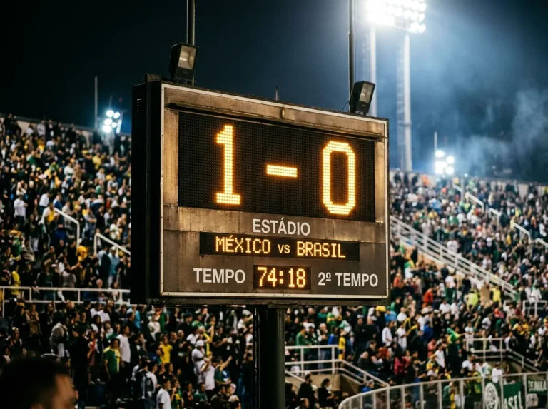 Placar de estádio com resultado de jogo de futebol e bancadas ao fundo