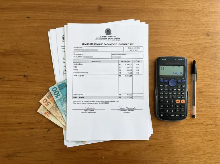 Documento fiscal sobre secretária com calculadora e notas de real brasileiro ao lado
